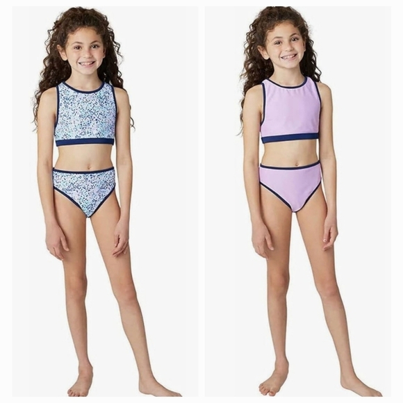 Eddie Bauer Girls L 2-piece Reversible Swimsuit Navy Blue Polka-dot and Purple - Picture 1 of 17